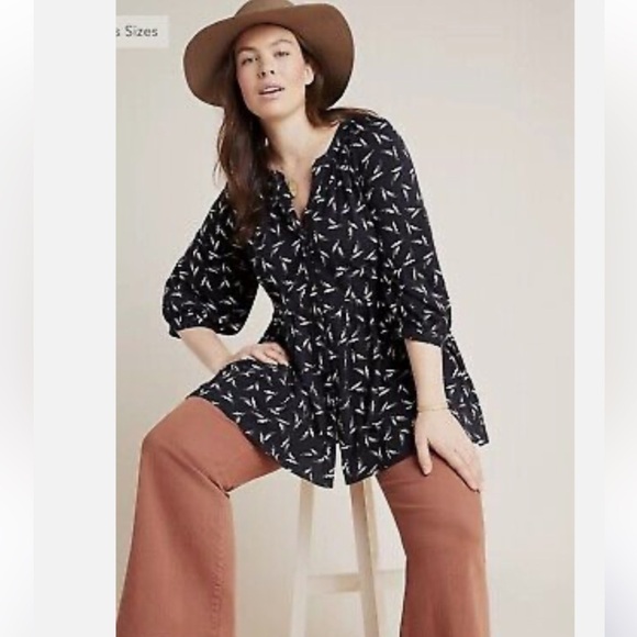Anthropologie Maeve Winona Babydoll Tunic Top Black White Cotton Sz Xs - Picture 9 of 9